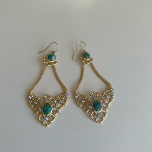 Middle eastern Gold, Green and Crystal Dangle Earrings